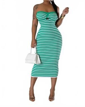 NEW IRIS sandie strapless striped midi dress in green